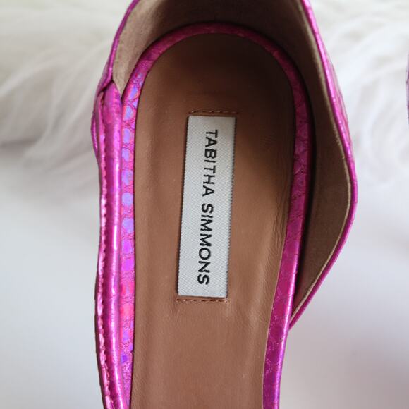 Tabitha Simmons Hot Pink Iridescent Lizard-Embossed Strappy High Heels - Picture 9 of 12